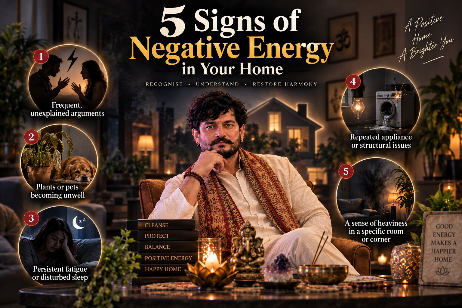 Pandit Vikesh Kumar seated at home, illustrating the 5 signs of negative energy in your home