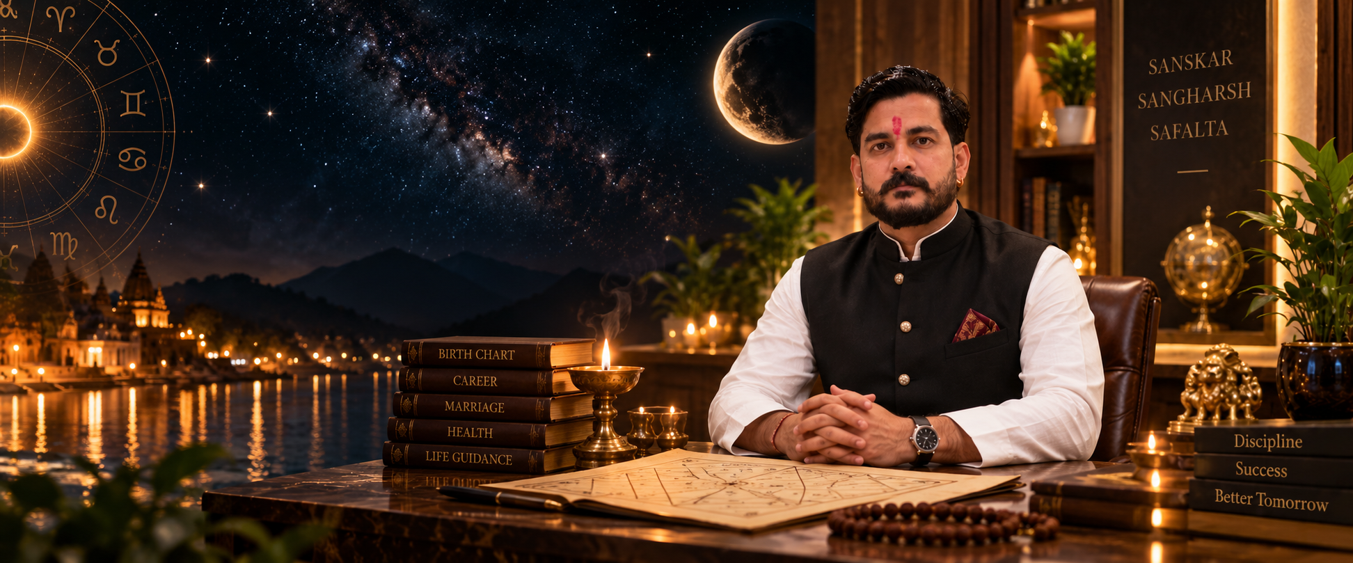 Pandit Vikesh Kumar seated at his desk with a birth chart, under a starry night sky