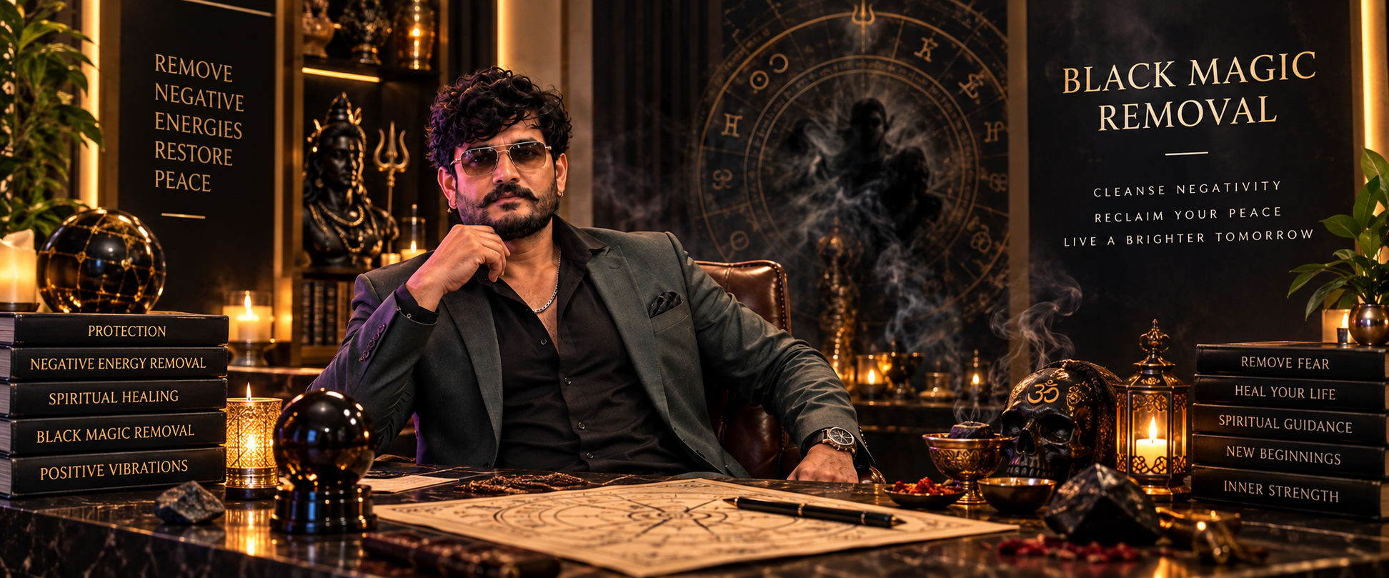 Pandit Vikesh Kumar seated at his desk in a study dedicated to black magic removal and spiritual protection