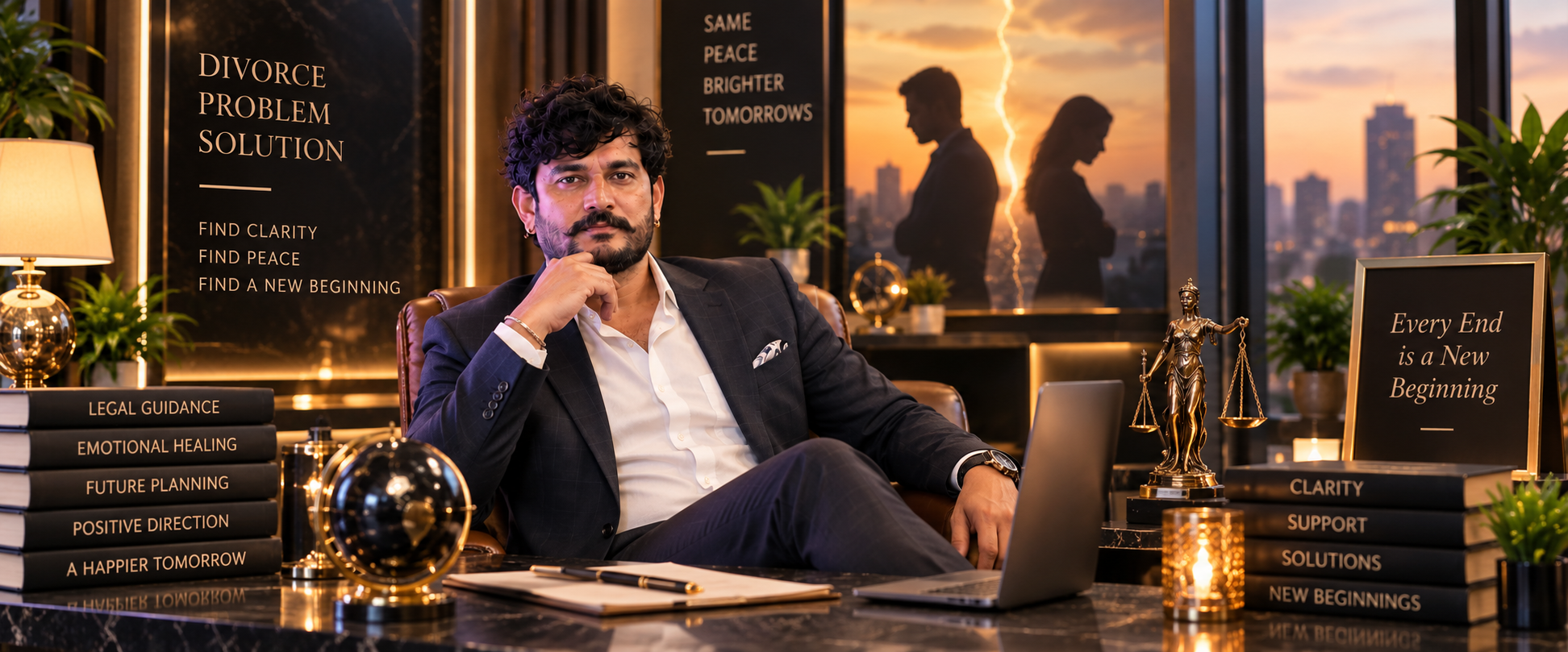 Pandit Vikesh Kumar seated at his desk, offering guidance for divorce and relationship separation problems