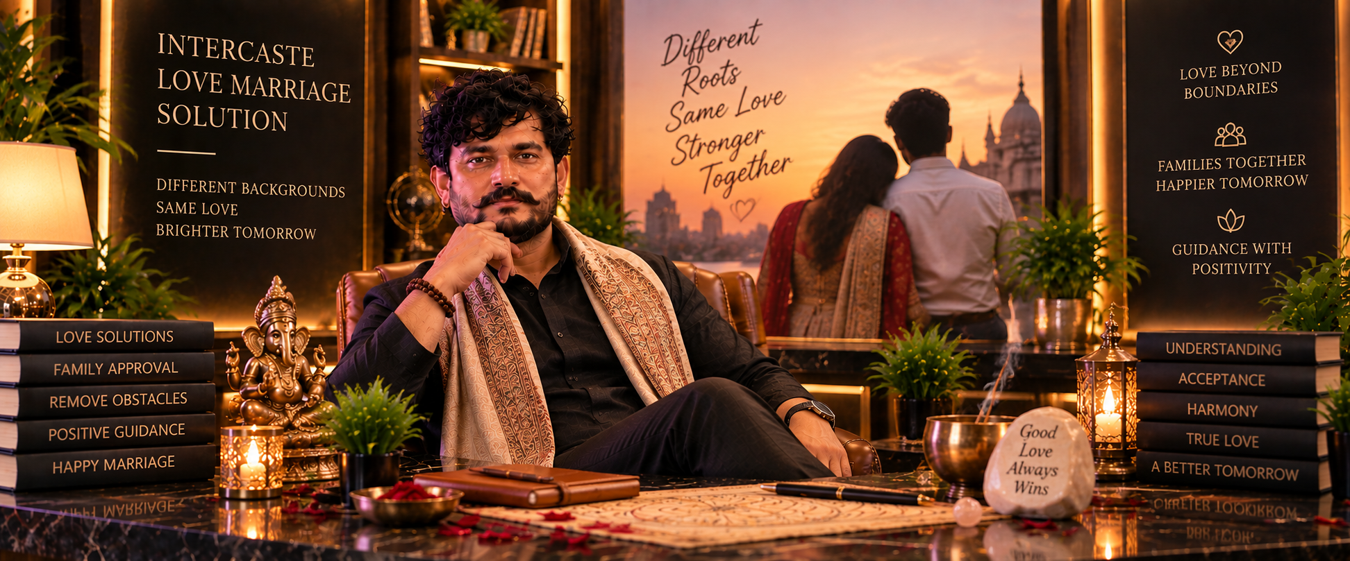 Pandit Vikesh Kumar seated at his desk, offering guidance for inter-caste love marriage and family approval