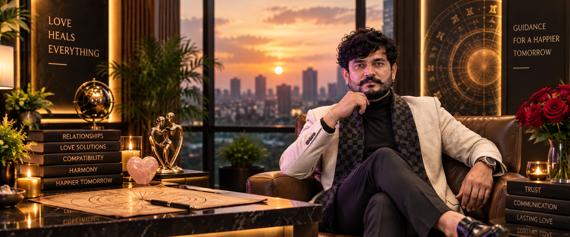 Pandit Vikesh Kumar seated in a lounge overlooking the city skyline at sunset, offering love and relationship guidance