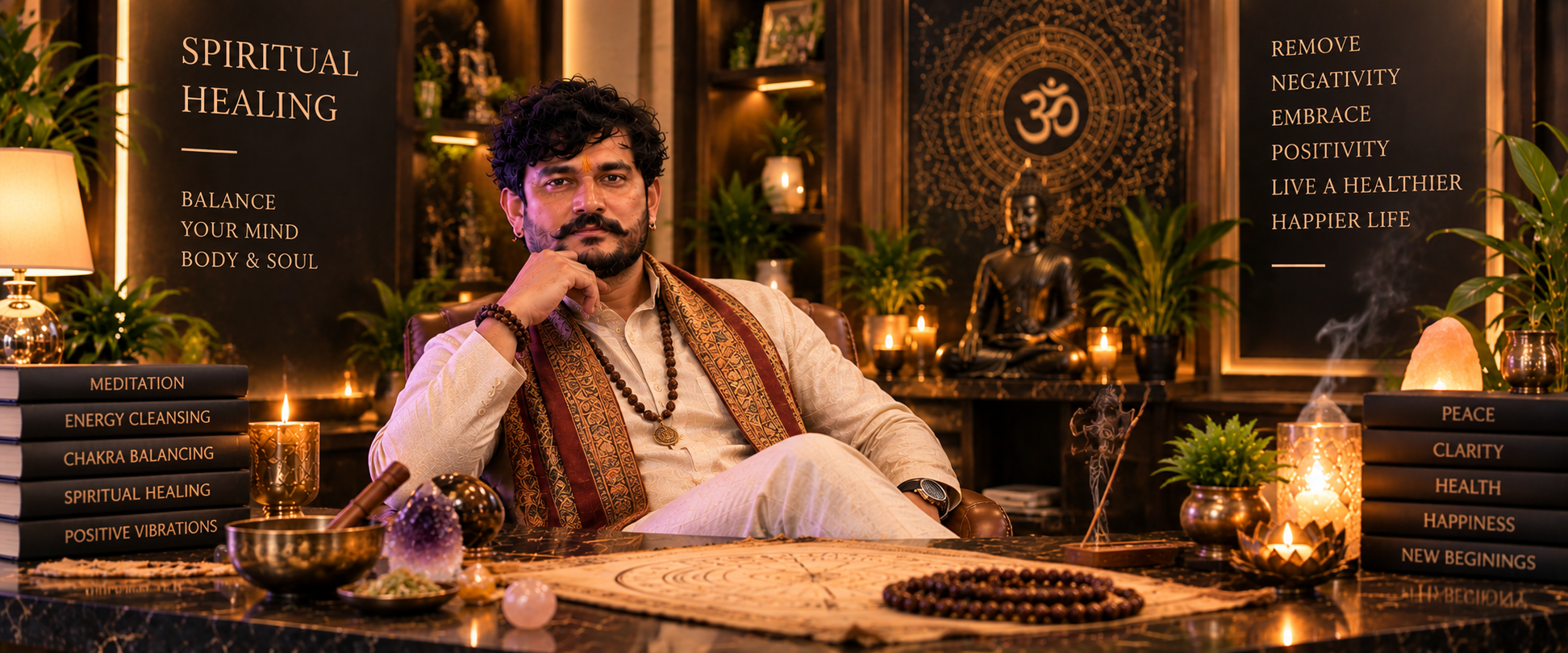Pandit Vikesh Kumar seated at his desk in a study dedicated to spiritual healing and inner balance