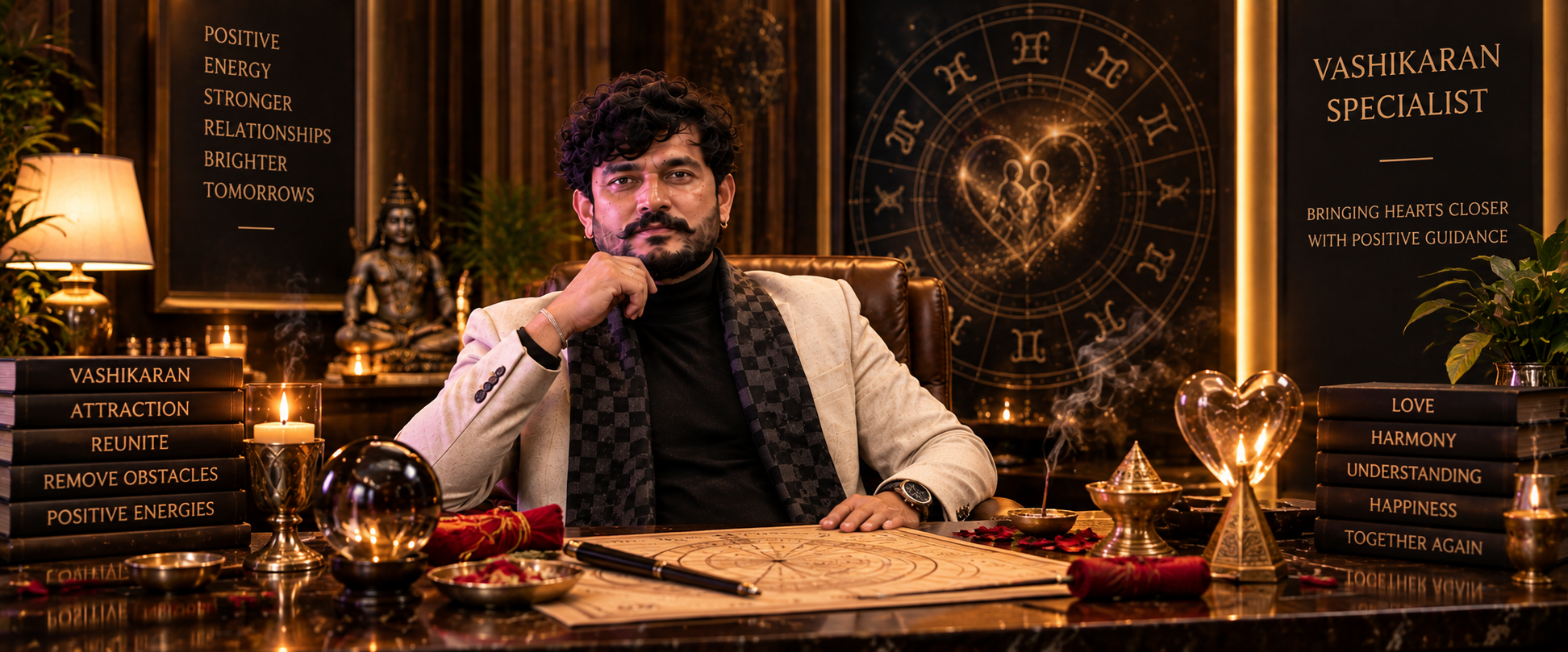 Pandit Vikesh Kumar seated at his desk in a study dedicated to vashikaran and relationship guidance